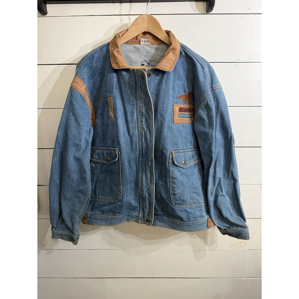 VTG Denim Jean Jacket Size L XL‎ 46 Blue Horse Racing Trucker 70s 100% Baumwolle